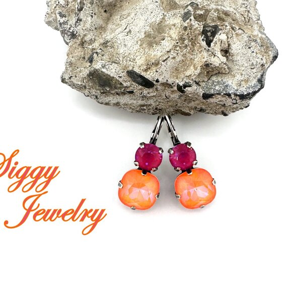 Citrus Punch Neon Orange and Fuchsia Double Drop Earrings in Antique Silver - Picture 4 of 5